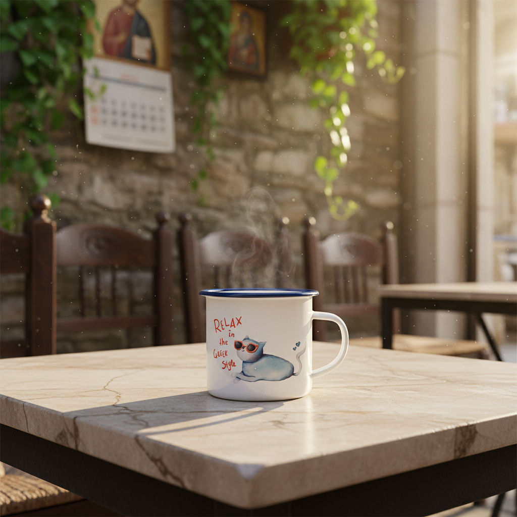 Lifestyle photo - Cat Mug Greek Village Kafeneio