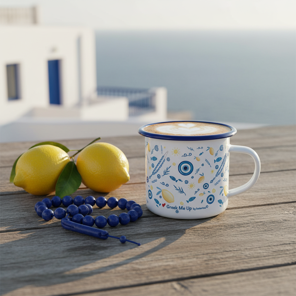 Lifestyle photo - Greece Enamel Mug with Coffee