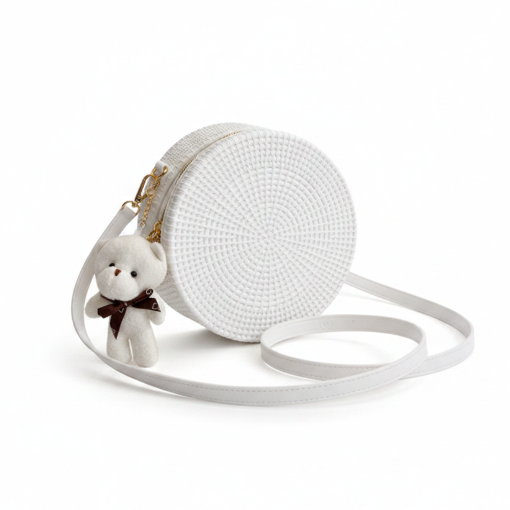 Στρογγυλή Τσάντα Ώμου με Αρκουδάκι Charm Ασπρη 20cm x 7cm