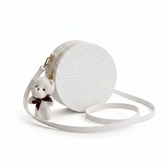 Στρογγυλή Τσάντα Ώμου με Αρκουδάκι Charm Ασπρη 20cm x 7cm