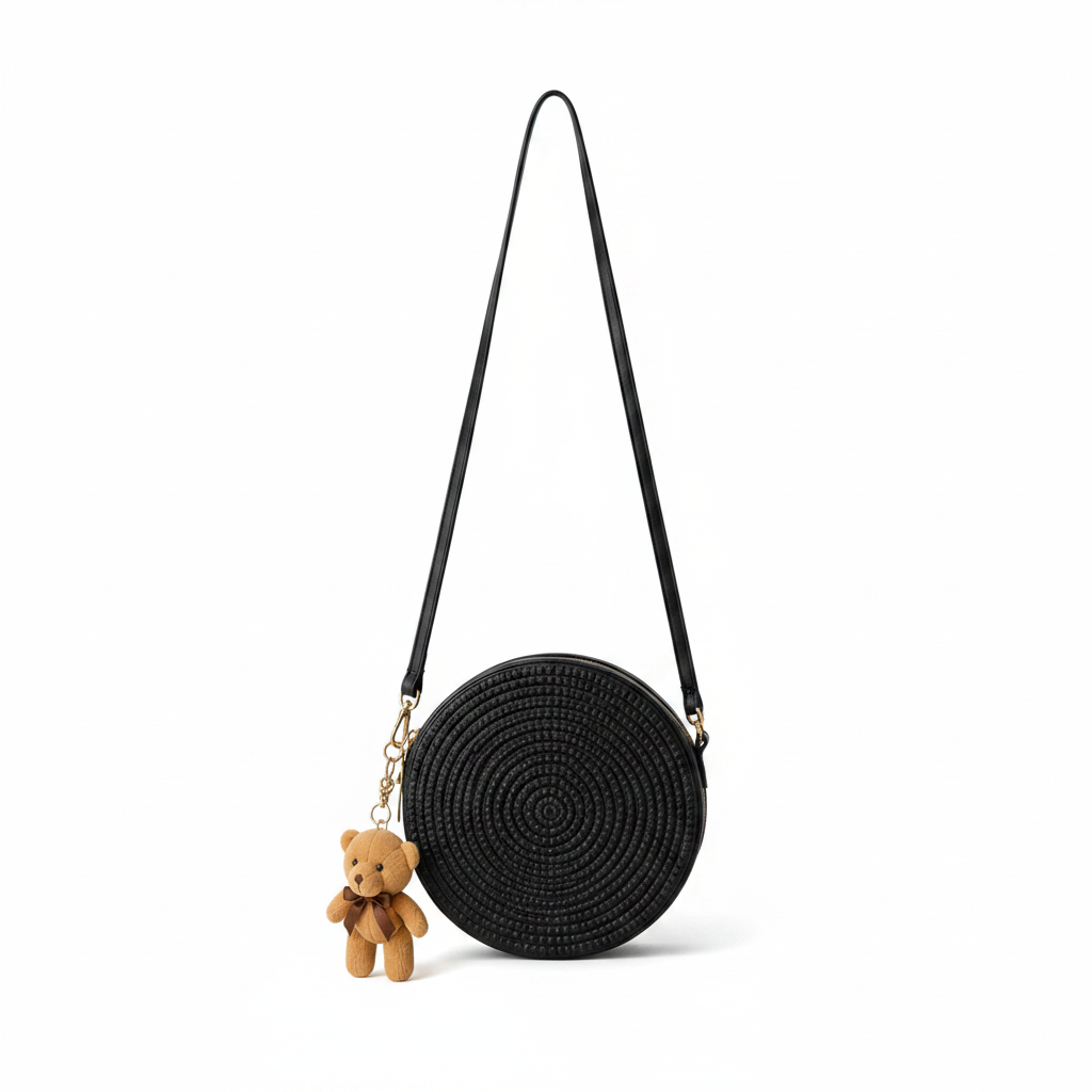 Στρογγυλή Τσάντα Ώμου με Αρκουδάκι Charm Μαύρη 20cm x 7cm