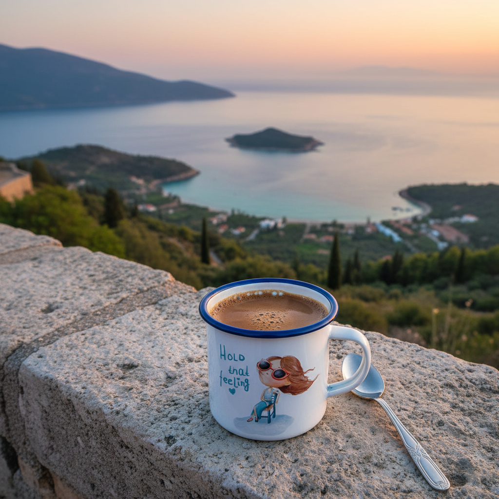 Lifestyle photo - Girl Enamel Mug Perdika Viewpoint