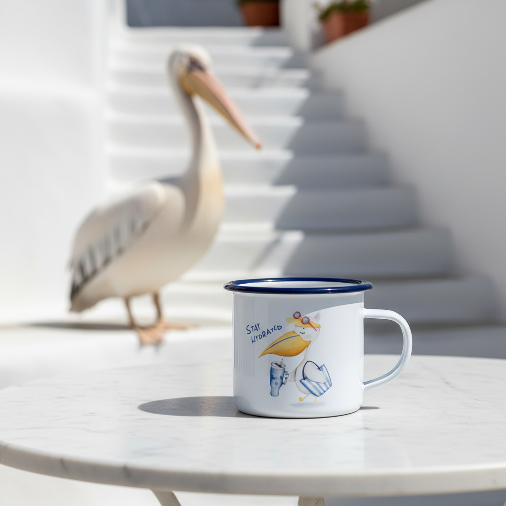 Lifestyle photo - Pelican Mug foreground real pelican background