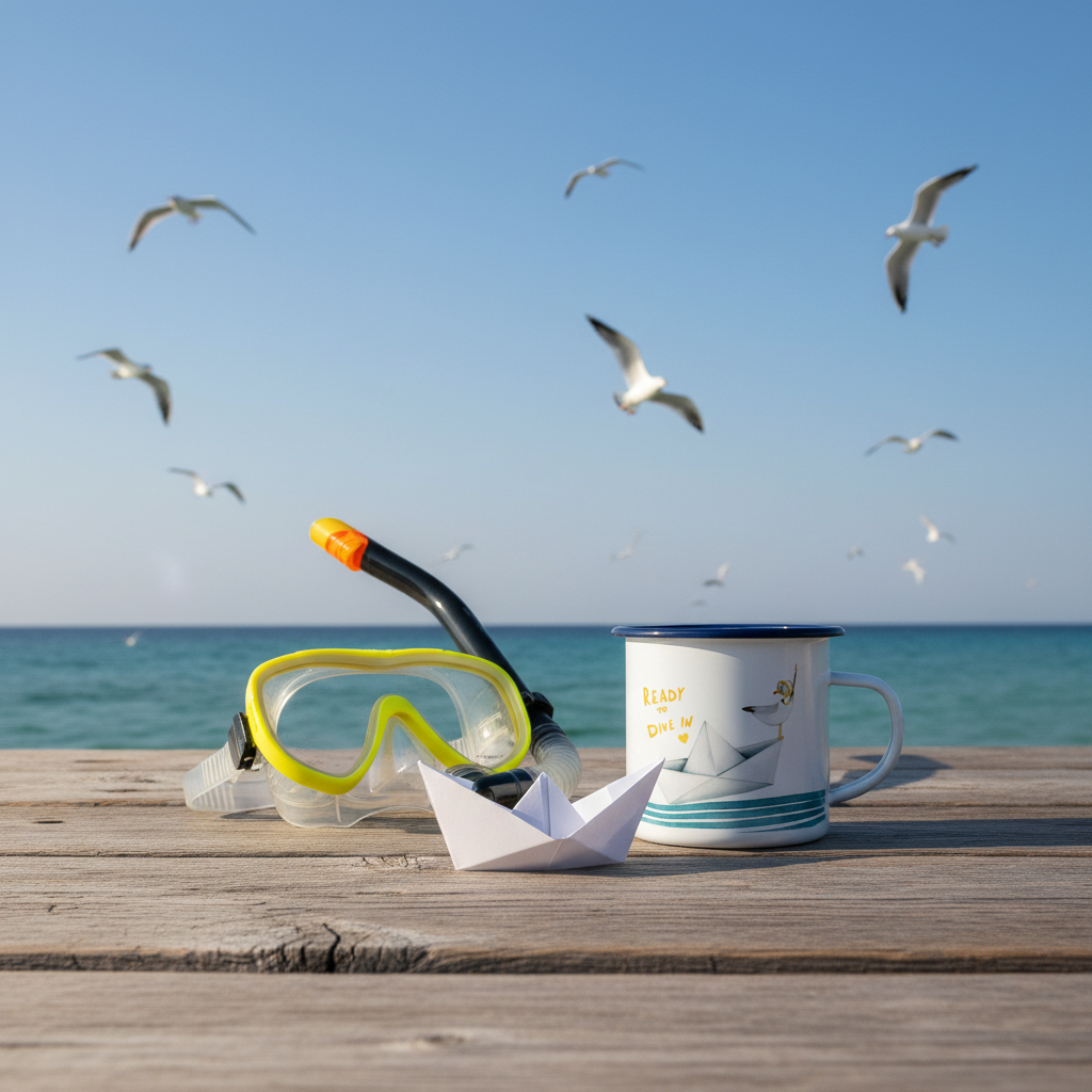 Lifestyle photo - Seagull Mug with mask and paper boat